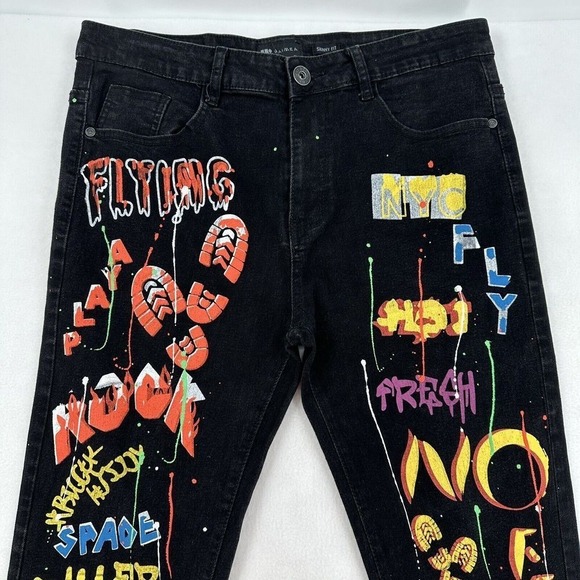 Waimea Men's Graffiti Print Artsy Colorful Black Denim Jeans Size 34 Skinny Fit - Picture 3 of 9